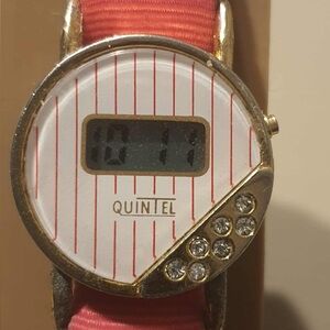 🦋10/$20🦋 Vtg Quintel Lcd Goldtone /Pink Rhinestone Women's Watch